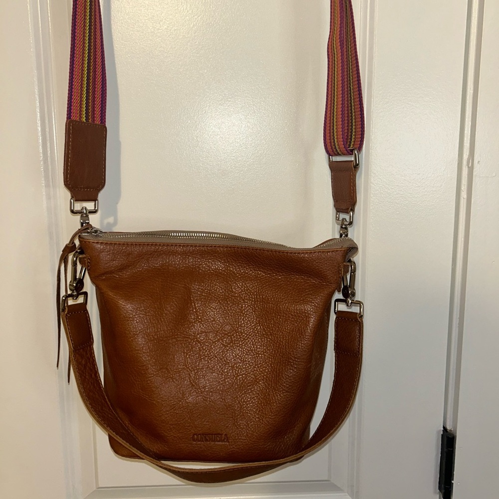 Consuela Brandy Wedge Brown Crossbody Bag with Multicolor Strap